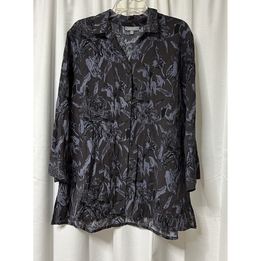 Habitat Shirt Brown Gray Floral Leaf Linen Blend Top Button Front Artsy Boho XL